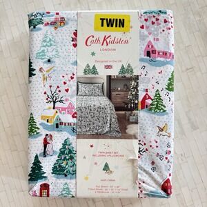 Cath Kidston London 3 Pc TWIN Christmas Village Winter Sheet Set 100% Cotton